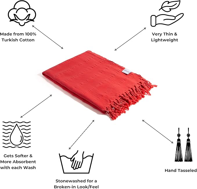 InfuseZen Stonewashed Turkish Bath & Beach Towel –100% Organic Turkish Cotton - Soft, Lightweight, Absorbent - Quick Dry, Sand Free - Swim, Pool, Shower, Travel - Peshtemal, Hammam Spa Towel - Coral