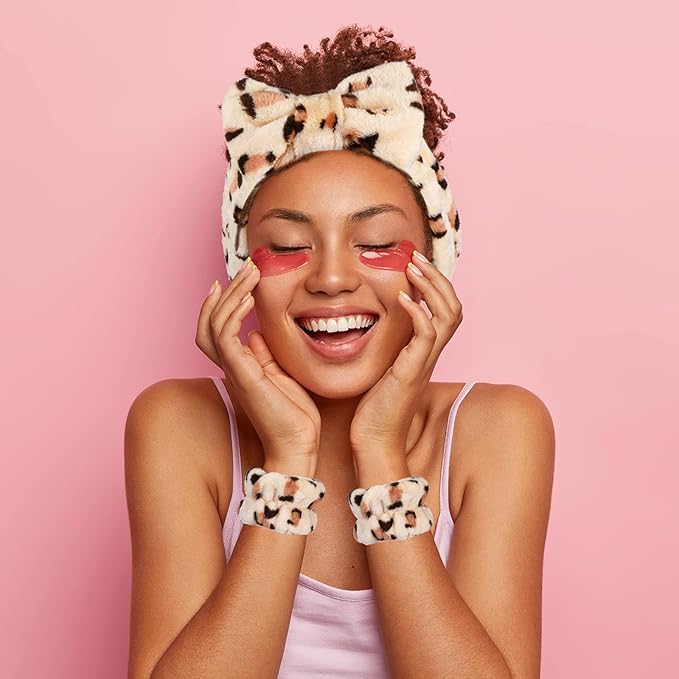 Hanaive 3 Pcs Spa Headband and Wristbands Set for Washing Face Makeup Skincare Hair Band Skin Care Accessories Tools for Women Gifts(Leopard)