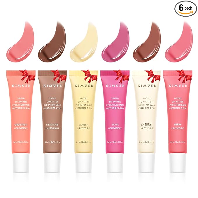 KIMUSE 6 Pcs Tinted Lip Butter Hydration Balm Set, 6 Flavored Shades Hydrating Plumping Gloss with Hyaluronic Acid & Vitamin E, Sheer Tint, Non-Sticky | Vegan Lip Care Makeup for Dry Lips & Daily