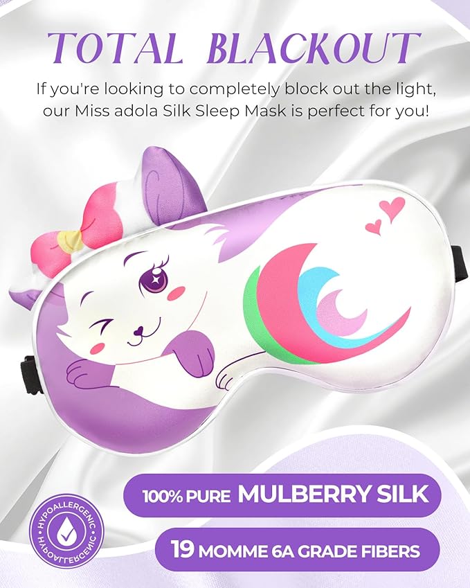Miss Adola Sleep Mask for Kids - Valentines Gift for Kids Cute Silk Eye Cover for Sleeping Soft Kawaii Eyeshade Animal Eye Blindfold with Adjustable Strap for Girls Teens, Cat