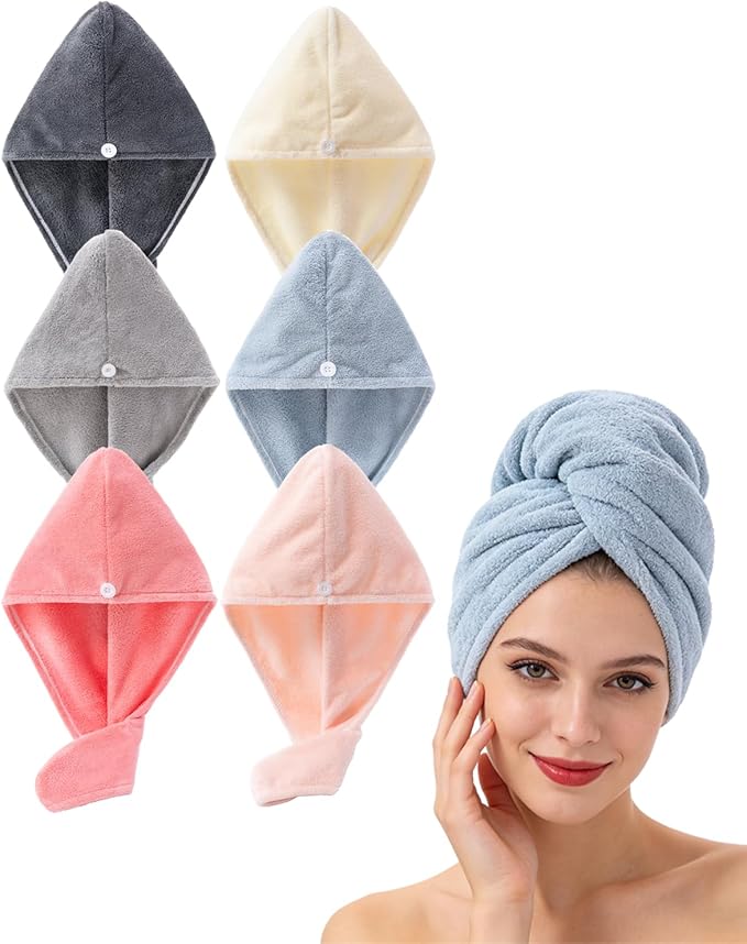 Microfiber Hair Towel Wrap for Women 6 Pack - Ultra Absorbent Fast Drying Turban with Button Closure, Anti-Frizz Design for Curly/Straight Hair, Lightweight & Machine Washable 25x65cm (6 Colors)
