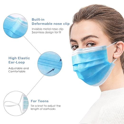 Wecolor 100 Disposable Face Masks for Adults, Outdoor, Hospital, Airport, Farm, Garden, Non-Woven Fabric and Meltblown Fabric, Soft, Comfortable Face Mask, Anti-Fog, Wide Earbands - Blue
