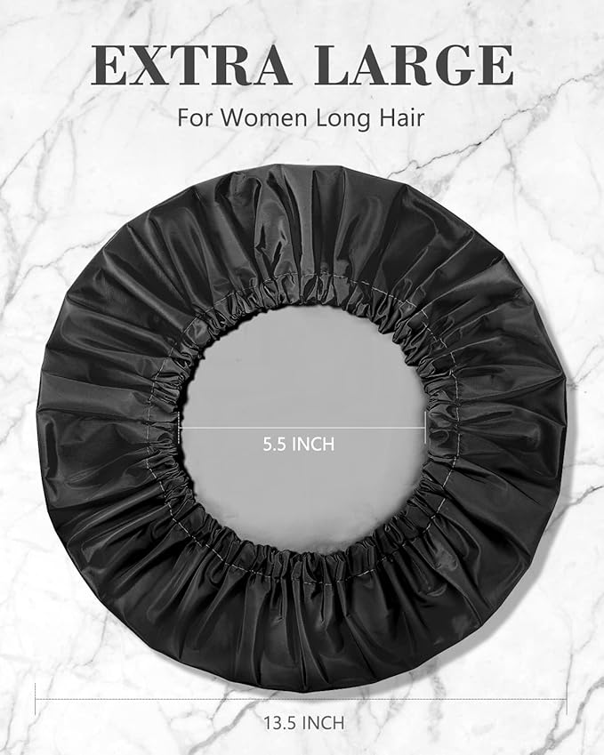 Aquior Shower Cap, Reusable Shower Cap for Women,Men, Waterproof Layer Hair Cap, Large Size for Long Hair, Braids, Curly, or Short Hair, for Girls Spa Home Salon Use (Black)