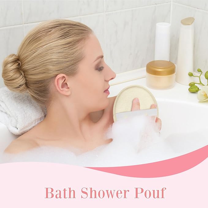 Boao 3 Pcs Bath Shower Pouf Sponge Mesh Pouf Shower Ball Exfoliating Body Sponge Pad Scrubber Glove with Flower Bath Ball (Beige,Dark Pink Purple)