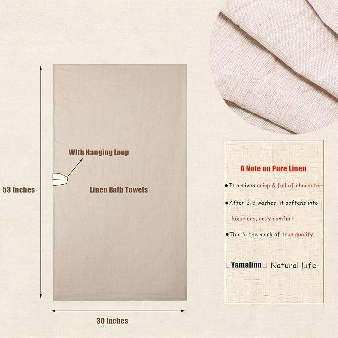 100% Linen Bath Towel 30x53 Inches with Hanging Loop – Lightweight, Quick-Dry & Highly Absorbent Thin Towel for Beach, Swim, Hotel, Spa & Bathroom – Soft Natural Hair & Body Shower Towel
