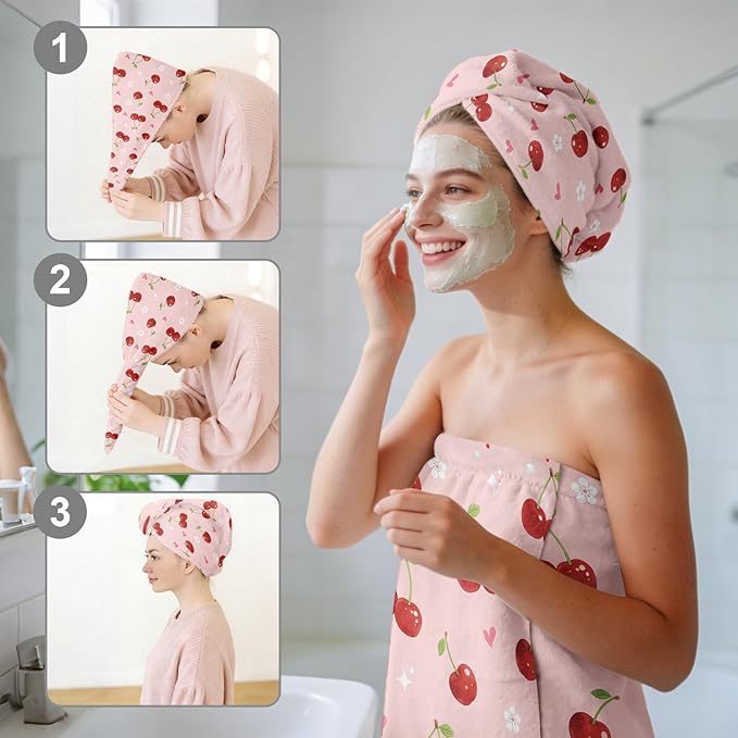 Absorbent Bath Towel Wrap Set for Women, Pink Cherry Print Towel Wrap After Shower, Microfiber Shower Robe Body Towel Wraps for Women, Quick Dry Hair Towels Wraps for Spa Hotel Beach Girl