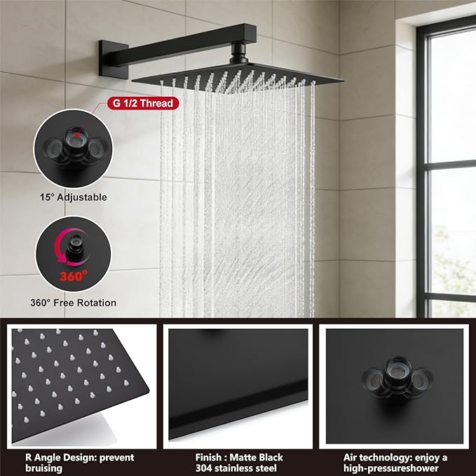 Midanya Shower System with Tub Spout,Bathtub Shower Faucet Set with Square Rainfall Head and Handheld Sprayer Wall Mount Tub Faucet Set with Valve and Trim Kit,12 Inch Matte Black