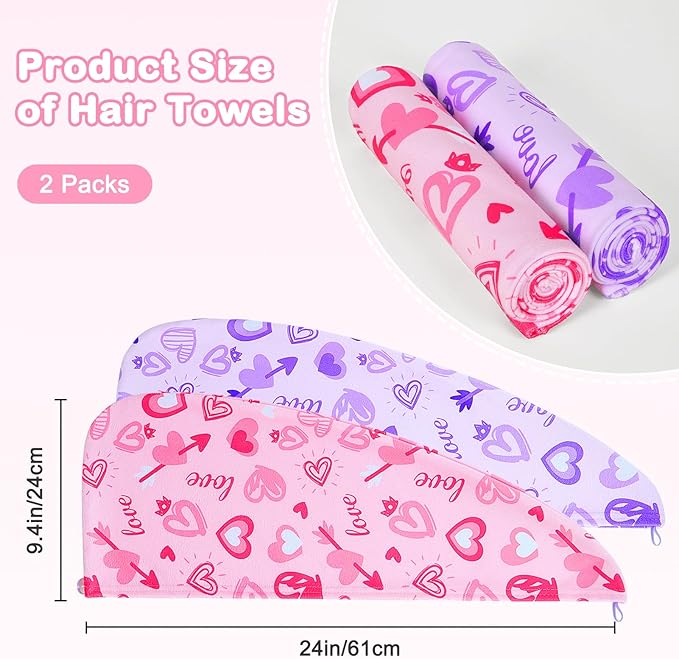 FIOBEE Microfiber Hair Towel Wrap for Kid Rapid Drying Towel Absorbent Hair Turbans for Wet Hair with Button Women Girls Long Curly Hair Pack of 2, Pink/Purple Heart