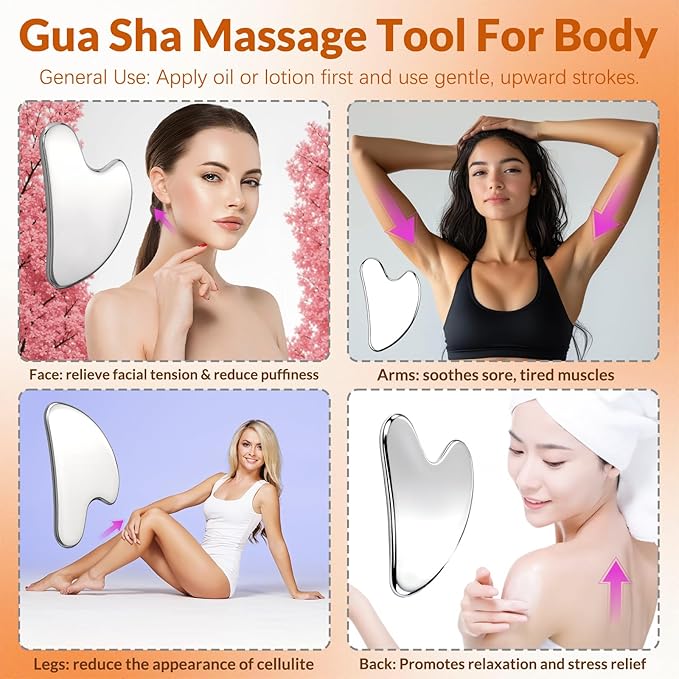 Stainless Steel Gua Sha Facial Tool & V Line Lifting Mask Set 2Pcs: Guasha Tool for Face Massage & Chin Strap for Sleeping, Skin Self Care Gifts for Women, Jawline Shaper, V Shaped Face Mask-Lilac