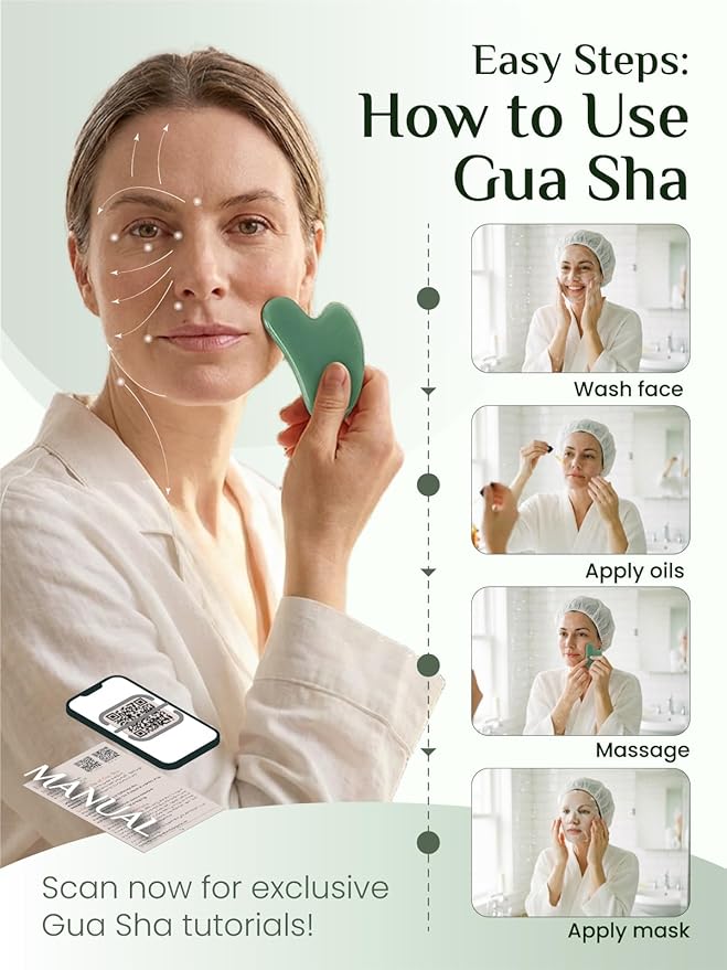 Rena Chris Gua Sha Facial Tools, Green Stone Guasha Tool for Acupuncture, Manual Massage Tool for Jawline Sculpting and Puffiness Reducing, Gua Sha Facial Massage Tool, Skin-Care Gift (Cobalt Green)