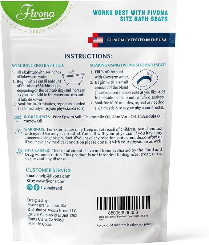 Hemorrhoid Care Postpartum Care Bartholin Cyst Relief - FIVONA Sitz Bath Salt Natural Epsom Blend with Essential Oils Soak - 14.1 oz