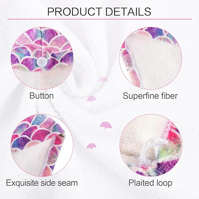 MADHOLLY Fast Drying Microfiber Hair Towel for Kids Women - 3 Packs Soft Super Absorbent Hair Towel Wrap with Button, Anti-Frizz Turban for Thicker Curly Long Hair, Mermaid Pattern Gift for Girls