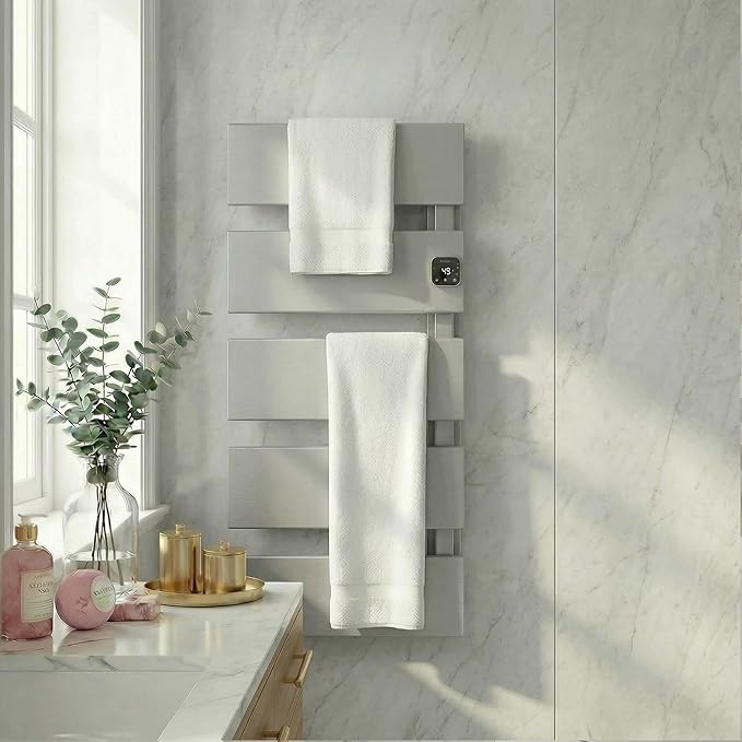 Electric Towel Warmer, Heated Towel Rack with Thermo Control and Timer, Fast Heating Towel Rail for Bathroom with Memroy Function, Work with Smart Plug, Right-Wiring, 5 Panel, Silver