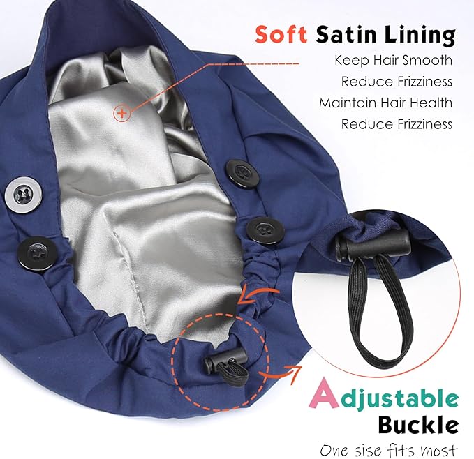 2 Pack Satin Lined Bouffant Scrub Caps with Buttons, Adjustable Scrub Caps for Women Men