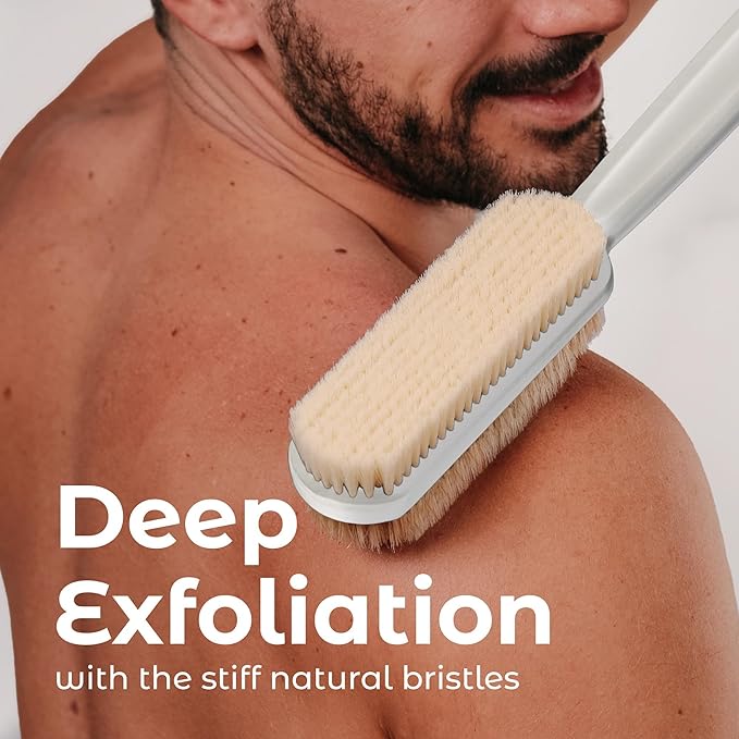 MainBasics Back Scrubber for Shower, Long Handle Body Brush with Dual-Sided Exfoliating and Soft Bristles, 15.75 Inch (White)