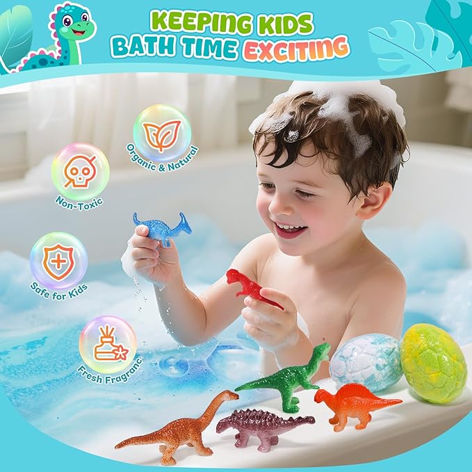 Dinosaur Bath Bombs for Kids with Surprise Inside, Mothers Day Gifts for Kids, 9 Pack Natural Organic Kid Bubble Bath Fizzy for Girls Boys with Bath Toys Inside