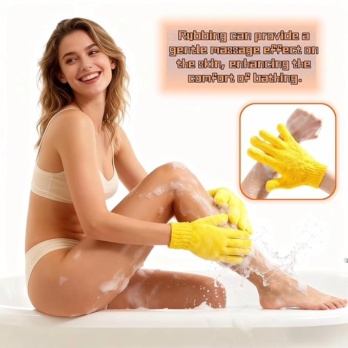 Exfoliating Shower Gloves, 2 Pairs Reinforced Nylon Bath Scrubbing Mitts, Orange and Yellow, One Size Fits All, Body Cleansing Massage