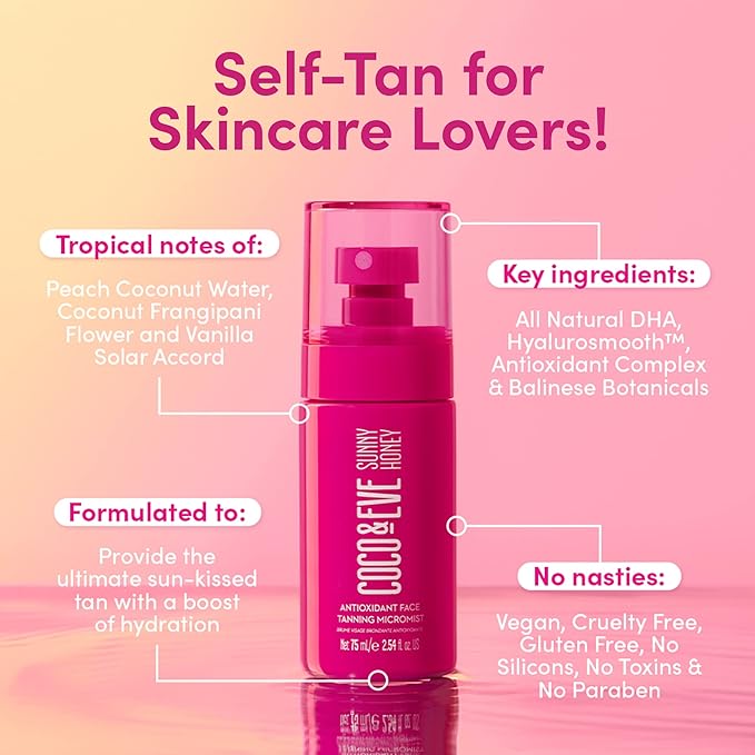 Coco & Eve Face Tanning Micromist – Sunless Facial Self Tanner Ultra Fine Mist for Face, Included Hyaluronic Acid & Antioxidants, Fast-Absorbing, Streak-Free Glow, Vegan & Cruelty-Free 2.54 Fl Oz