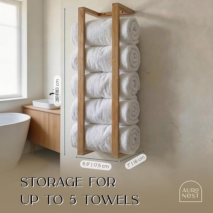 Bamboo Towel Racks - Vertical Wood Towel Rack Bamboo Bathroom Accessories, Storage, Wall Towel Rack for Rolled Towels for Bathroom Furniture, Spa Furniture and Decor