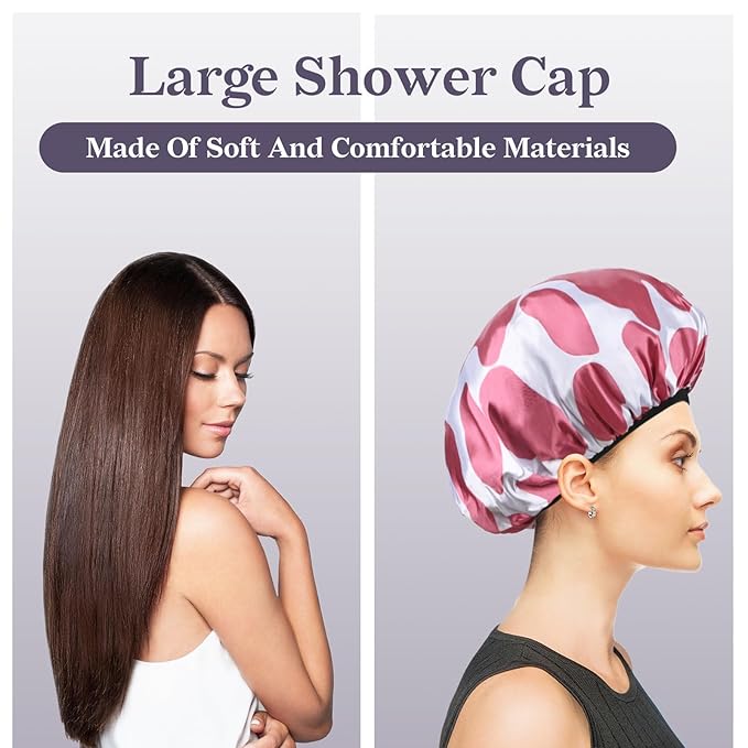 Hot Pink Cow Print Satin Shower Cap, Three-Layer Terry Cloth Lined, with Silk Hair Ties, Microfiber Waterproof Reusable Large Size Shower Cap for Women Long Thick Hair