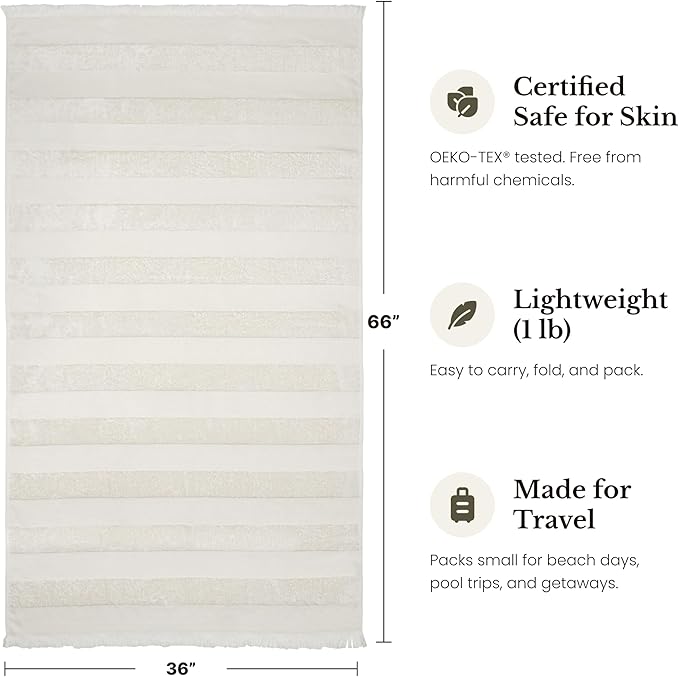 Lightweight Turkish Beach Towel - 100% BCI Cotton, Unbleached Raw Fringe, Oeko-TEX Certified, Absorbent, Eco-Friendly, 36x66”, Natural Stripes, Portable Sarong Blanket for Pool, Travel