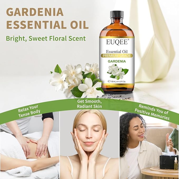 EUQEE 118ml Gardenia Essential Oil, Pure & Premium Grade Aromatherapy Oil Great for Diffuser, DIY Soap, Candle Making, Skin Care, Natural Gardenia Oil Floral Aroma for Mood (4Fl. OZ)