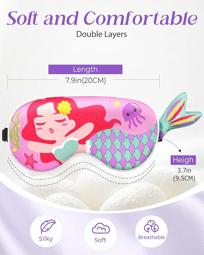 Miss Adola Sleep Mask for Kids - Valentines Gift for Kids Cute Silk Eye Cover for Sleeping Soft Kawaii Eyeshade Animal Eye Blindfold with Adjustable Strap for Girls Teens, Sea Girl
