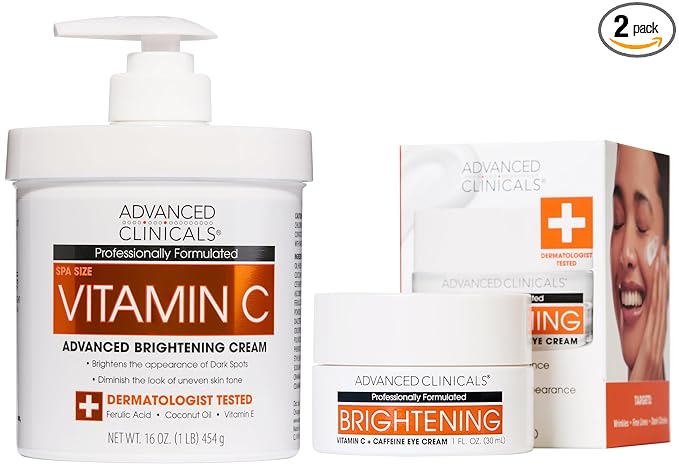 Advanced Clinicals Brightening Vitamin C Body Cream Lotion + Vitamin C & Caffeine Eye Cream Face Moisturizer Skin Care Set For Women, Men, & Dark Spots, 2pc Bundle