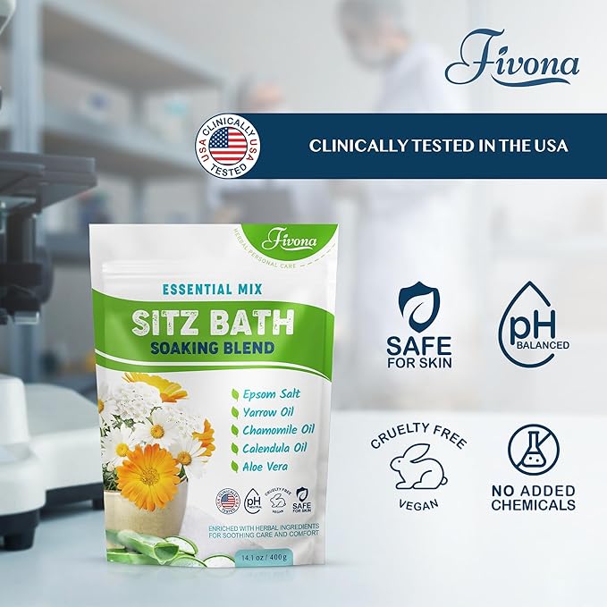 Hemorrhoid Care Postpartum Care Bartholin Cyst Relief - FIVONA Sitz Bath Salt Natural Epsom Blend with Essential Oils Soak - 14.1 oz