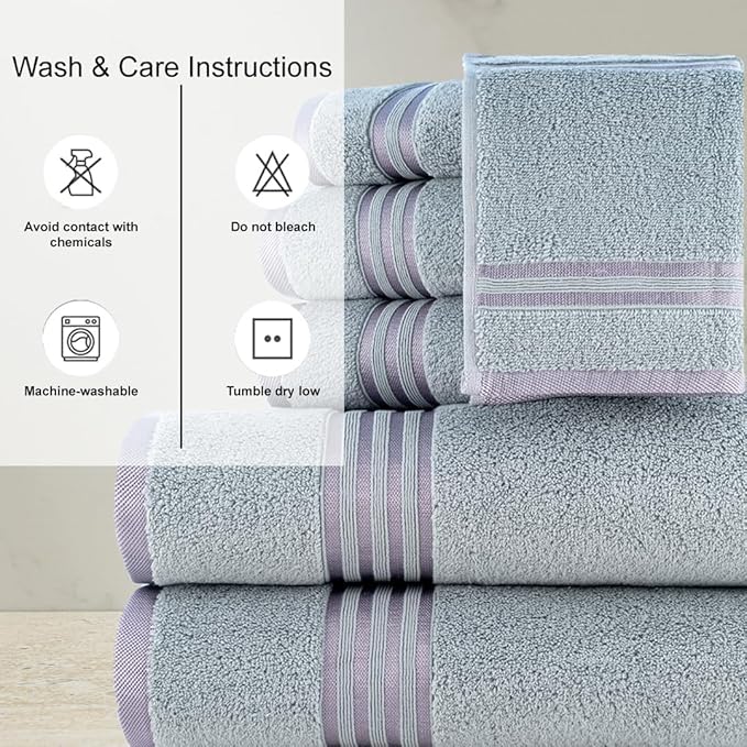 CASA COPENHAGEN Zero Twist 6Pcs 100% Egyptian Cotton Large Designer Towels Gift Set- Dusty Violet, 600 GSM, 2Bath 2Hand 2Washcloths, Bath Towels for Bathroom Set for Women & Men