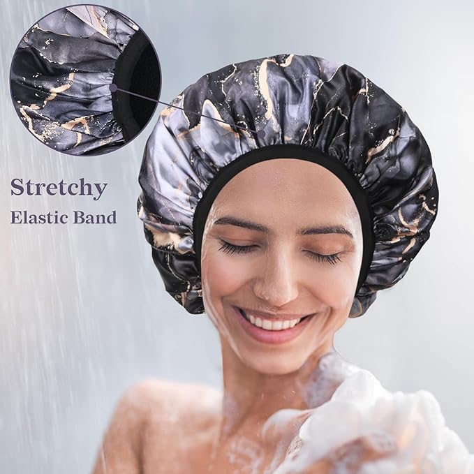 Black Marble Print Satin Shower Cap, Three-Layer Terry Cloth Lined, with Silk Hair Ties, Microfiber Waterproof Reusable Large Size Shower Cap for Women Long Thick Hair