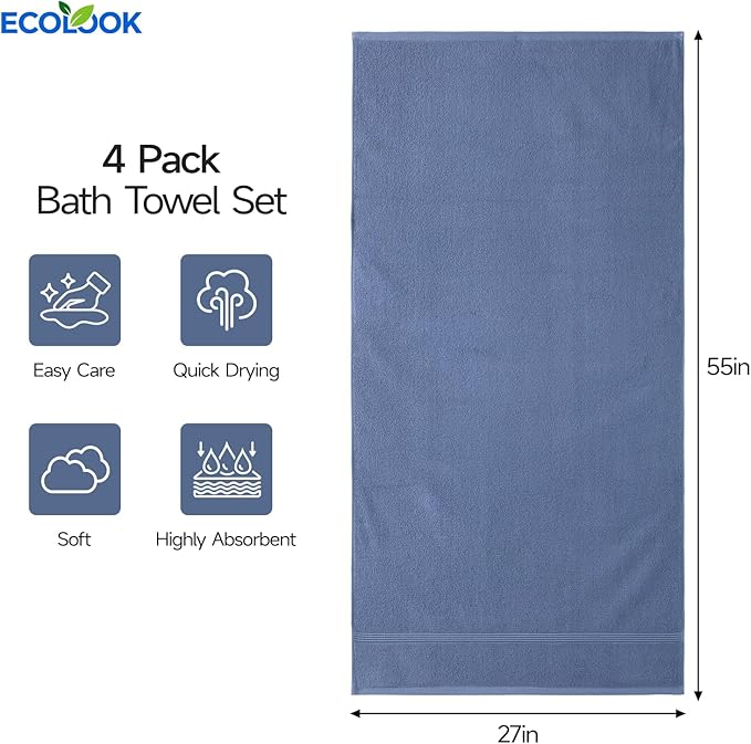 ecolook Bath Towels Set of 4,100% Cotton,27 x 55 Inches,Quick-Drying & Absorbent,Soft,Lightweight Towels for Bathroom,Shower,Spa, Gym & Hotel,Dark Blue