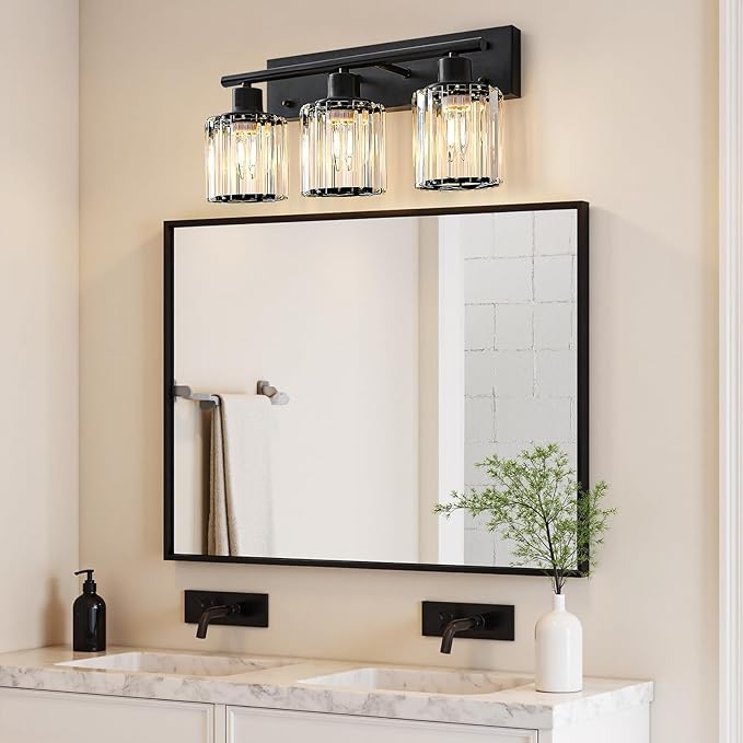 Vanity Light, 3-Light Modern Crystal Black Bathroom Light with 3 E26 Bulbs, Vanity Lights for Bathroom Bedroom Living Room Hallway
