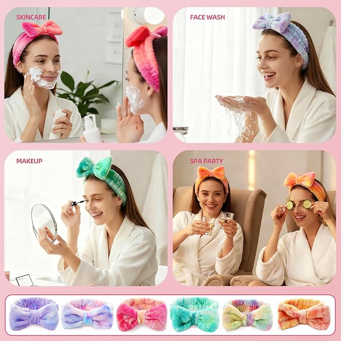 6 Pcs Spa Headband for Washing Face,Skincare Headband with Removable Bow,Furry Face wash Headbands,makeup Headbands for Women,Teen,Girls,Christmas Gift