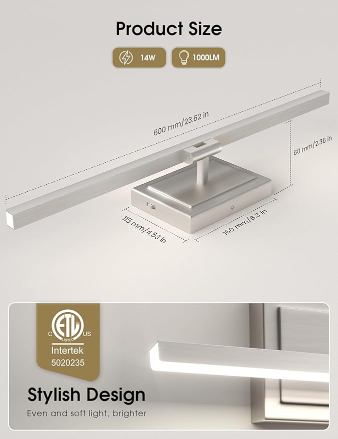 VOLISUN Modern Bathroom Vanity Light 24 inch, Rotatable, 14W Dimmable 5CCT Led Bathroom Light Fixture Over Mirror, Brushed Nickel Bar Vanity Light for Bathroom Mirror Restroom-ETL Certificated