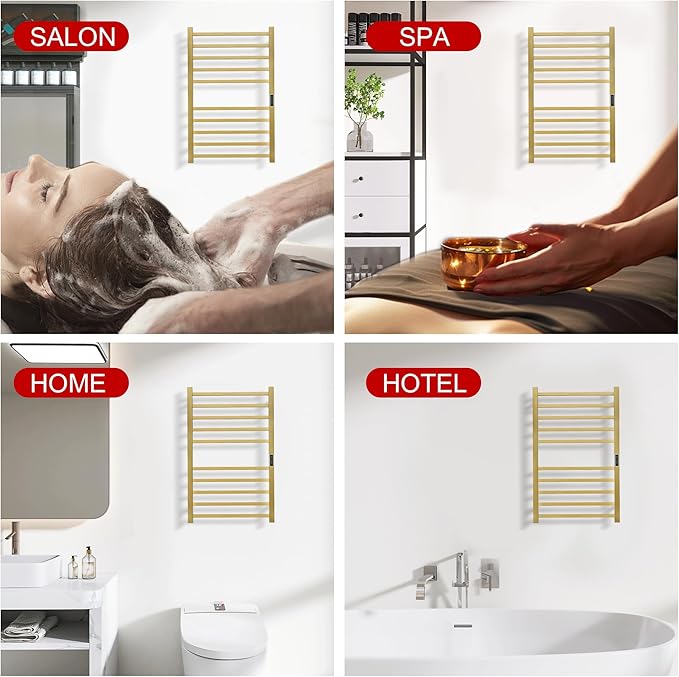 Heated Towel Racks for Bathroom, Wall Mounted Electric Towel Warmer Racks with Timer & Temperature Control, 10 Bar Stainless Steel Towel Heater for Bathroom, Brushed Gold, Plug-in