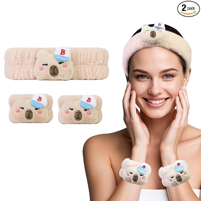 Kawaii Spa Headband and Wristband Set for Women Girls, Cute Halloween Skincare Headbands for Face Washing, Fluffy Makeup Headband for Washing Face Bath Shower and Beauty, Beige Capybara