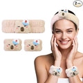 Kawaii Spa Headband and Wristband Set for Women Girls, Cute Halloween Skincare Headbands for Face Washing, Fluffy Makeup Headband for Washing Face Bath Shower and Beauty, Beige Capybara