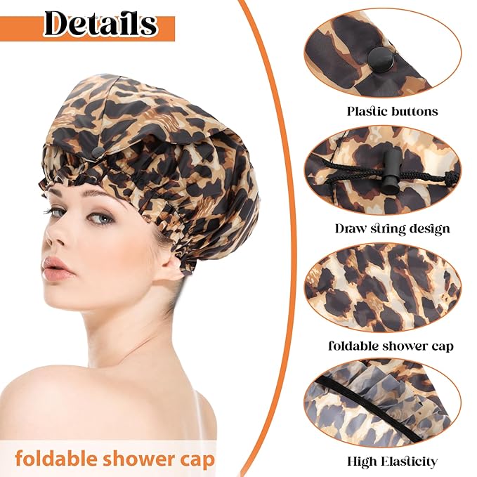 2 Pcs Large Shower Cap for Braids, Extra Long Shower Cap for Women Long Hair & Locs, Waterproof Hair Bonnets for Dreadlocks Drawstring Bath Caps for Women & Men (Leopard, Cow Print)