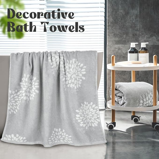 Cute Bath Towels Set of 2 (Light Grey) - Large 55” x 28”, Decorative Hydrangea Floral Jacquard, Guest Room & Bathroom Decor, Cotton