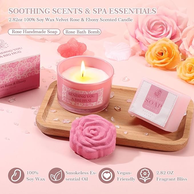 Mothers Day Gifts for Mom Wife Sister Friend - Gift Set for Women Self Care, Pink Birthday Gift Baskets for Women, Relaxation Gifts Spa Gift Basket Self Care Package for Her w/ 40oz Insulated Tumbler