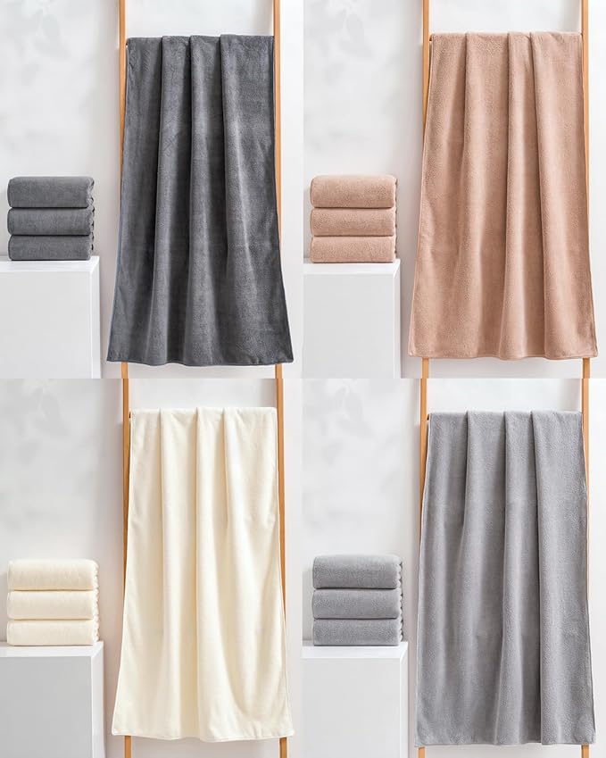 sakano Quick-Drying Microfiber Towel Set - 4-Piece Mixed Color Bath Towel Set, Highly Absorbent, Lint Free Design for Bath, Beach, and Gym - Light Gray+White+Khaki+Dark Gray, 28 x 55 inches
