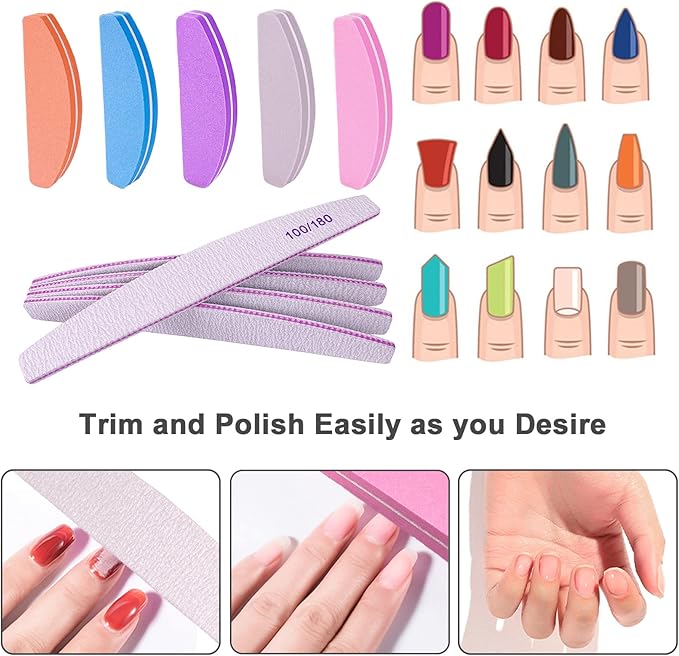 Nail File and Buffer (10 Pcs), Buffer Block Nail Files Double Sided 100/180 Grit for Acrylic and Natural Nails, fingernail Emery Board Buffing Blocks Manicure Set Nail Care kit Tool Halfmoon Arc