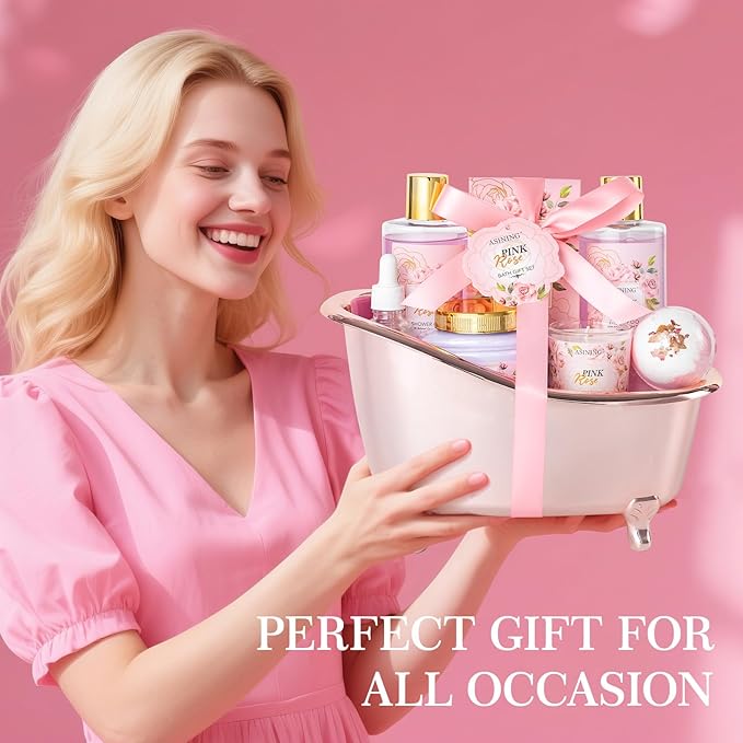 Bath and Body Gift Basket Set Mothers Day, 16 Pcs Luxury Rose & Vanilla Scent Spa Gift Basket Set for Women, Watermelon Body Scrub, Perfect Bath & Body Gift Set, Home Spa Bath Pamper Gifts Teens