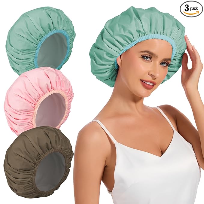 3Pcs Shower Cap for Women Reusable Waterproof, Bath Cap for Long Hair, Comfortable Showers Cap for Thick Curly Hair