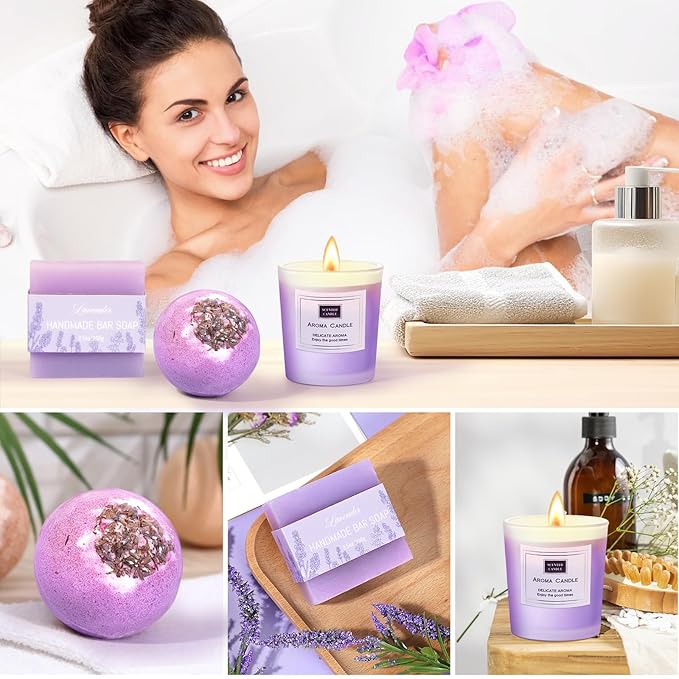 Mothers Day Gifts for Mom, Birthday Gifts for Women Lavender Spa Gift Basket for Women Self Care Relaxing Bath Set Purple Inspirational Gift for Wife Her Female Sister Teacher Nurse Friends Employee