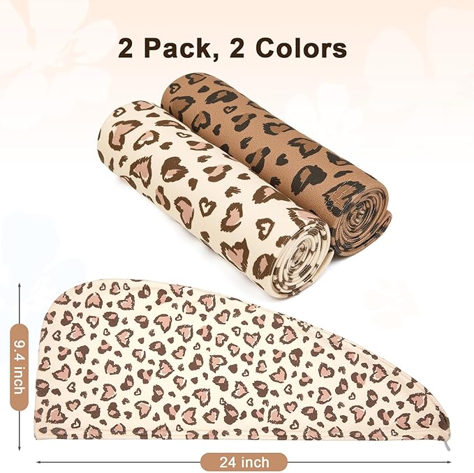 Unicorn Castle Microfiber Hair Towel for Kids 2Pack Hair Wrap Towels Absorbent Hair Drying Towel Wrap Hair Turbans for Curly Thick Hair,Brown Leopard Heart