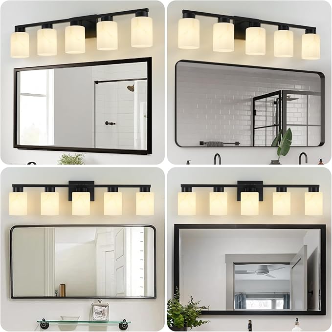 5-Light Bathroom Light Fixtures, Modern Vanity Lights, Black Metal Wall Lamp with White Marble Glass for Bathroom, Mirror, Living Room, Bedroom, Cabinet, Porch, Hallway, E26 Base