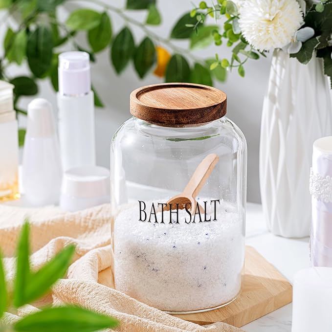 SiliFine 1 Sets 74 oz Large Bath Salt Container with Wooden Scoop for Glass Bath Salt Jar with Airtight Lid Storage Canister for Food, Flour, Sugar, Cookie, Kitchen