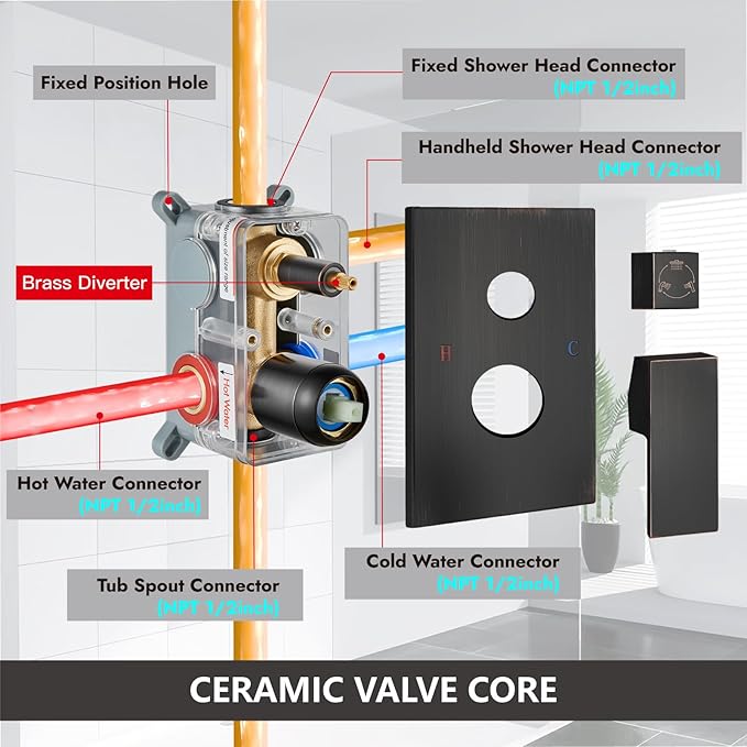 Midanya Shower System with Tub Spout,Bathtub Shower Faucet Set with Square Rainfall Head and Handheld Sprayer Wall Mount Tub Faucet Set with Valve and Trim Kit,16 Inch Oil Rubbed Bronze